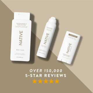 Native body wash, deodorant spray, and deodorant stick in Sandalwood & Shea Butter scent shown with five-star rating